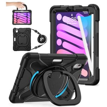 Imagem de BATYUE Capa para iPad Mini 6, iPad Mini 6ª geração com suporte para lápis de carregamento da Apple / suporte giratório de 360°/alça de ombro/capa protetora resistente à prova de choque – Preta