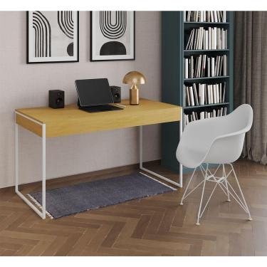 Imagem de Escrivaninha Industrial Office Estudo Malta Canela 137X53Cm Com 1 Poltrona Branca Base Marrom