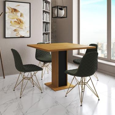 Imagem de Mesa Jantar Londres Quadrada Canela 90Cm Base Preta 4 Cadeiras Eames Estofadas Verde Base Dourado