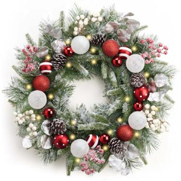 Imagem de Valery Madelyn Guirlanda de Natal pré-iluminada para porta da frente com luzes, guirlanda de Natal grande de 61 cm com bolas de Natal vermelhas e brancas para decoração de mesa ao ar livre e janela de