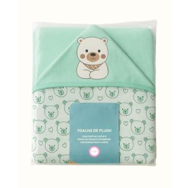 Imagem de Toalha de Banho Infantil com Capuz, Plush Rosa com Corações, Forro 100% Algodão, 68x68cm, Tema Urso Panda, para Bebês (Verde - Ursinho)