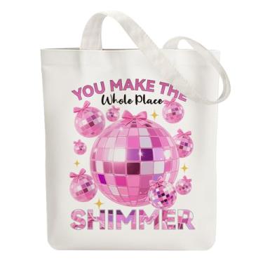 Imagem de ANATTASOUL Sacola de lona com bola de discoteca reutilizável de algodão para mulheres, bolsas de ombro de tecido durável com bolsos com zíper para compras, férias, trabalho, academia