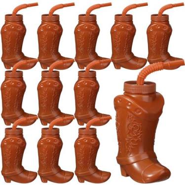 Imagem de Copos de plástico para botas Cowboy Hoolerry 10 onças com canudos e ta