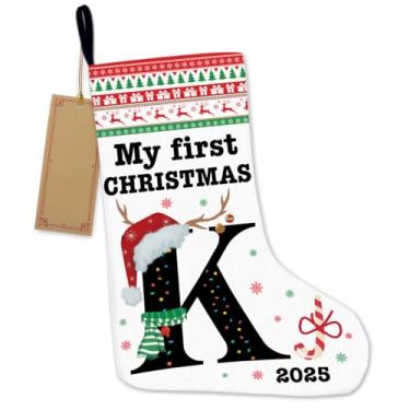 Imagem de RNYJJ Meias para bebês primeiro Natal personalizadas com nome, inicial letra K, meia pendurada para recém-nascido, menino, menina, meia de Natal de serapilheira para lareira e decoração de férias