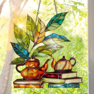 Imagem de Protetor solar de acrílico colorido, decoração de janela suspensa com design de vitral impresso, apanhador de sol, arte de parede de arco-íris, ornamentos de Natal para uso interno e externo 19,8 x