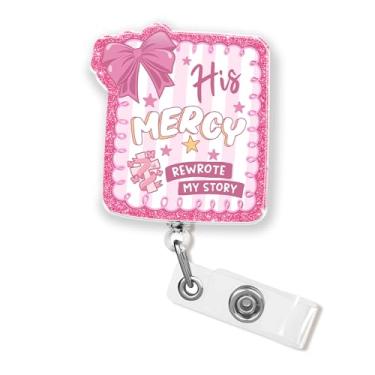 Imagem de Carretel de crachá His Mercy Rewrote My Story de 4,6 cm Fé Cristã Jesus Religiosa Inspiradora Bíblia Enfermeira CNA Suporte de crachá de identificação médica retrátil com clipe jacaré acrílico