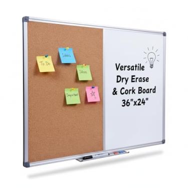 Imagem de DexBoard Quadro combo de 91 x 61 cm, quadro branco magnético e quadro de avisos de cortiça com moldura de alumínio, para montagem na parede, escritório, sala de aula, organização doméstica