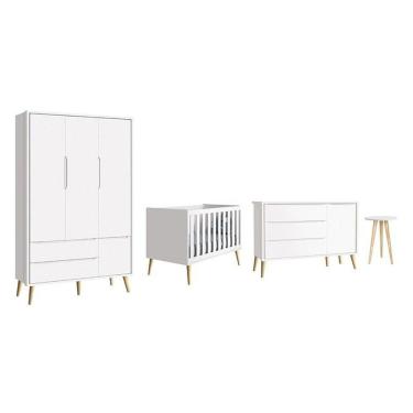 Imagem de Dormitório Theo 3 Portas E Mesa De Canto Branco Com Pés Madeira Natural - Reller Móveis Branco