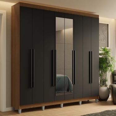 Imagem de Guarda-roupa Casal Com Pés 8 Portas Batentes Com Espelho Rustic-preto-preto Saturno Madesa