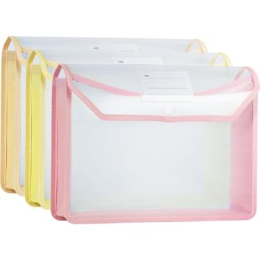 Imagem de WORPSON Pasta de arquivo expansível de plástico, envelopes transparentes, tamanho A4, pastas para documentos com fecho de pressão, sem divisórias, grande capacidade (3, cores quentes)