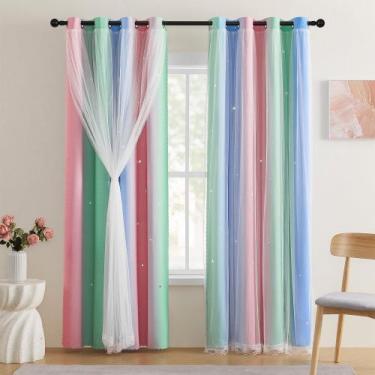 Imagem de Cortinas XiDi, 132 cm de comprimento, 2 painéis, rosa, verde, azul, cr