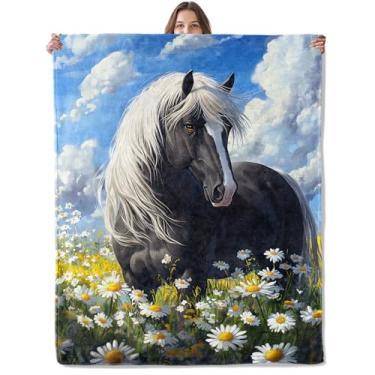 Imagem de Lugiu Lindo cavalo preto com cobertor de juba branca esvoaçante, cobertores leves e confortáveis para sofá, quarto, cobertor de flanela de viagem de pelúcia macia presentes para adultos crianças e
