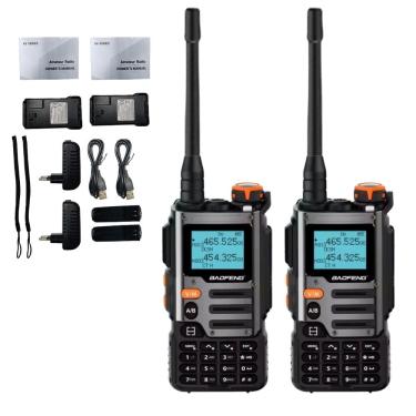 Imagem de Kit 2 Rádio Comunicador Baofeng Tri-band Recarregável Type-c Lanterna Led Bateria Durável 2600mAh Alcance até 10 km Dual