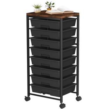Imagem de Carrinho de rodinhas com 8 gavetas, carrinhos de armazenamento de gaveta de plástico com rodas e mesa de madeira, organizador de carrinho utilitário de metal para quarto, sala de estar, escritório