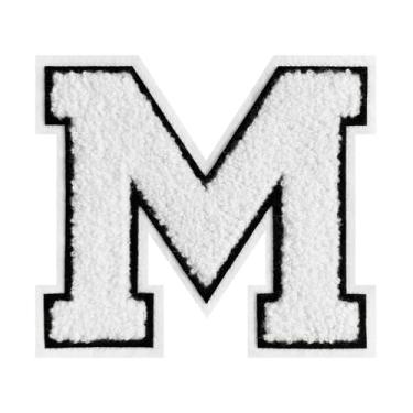 Imagem de 1 peça de patch de letra de chenille branco de 11,4 cm com borda preta – Remendos do alfabeto para roupas, jaquetas, mochilas, chapéus para decoração personalizada, nome personalizado e artesanato. (M