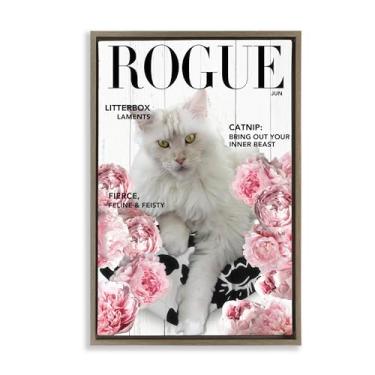Imagem de Stupell Industries Funny Floral Cat Magazine Gray Framed Floater Canvas Wall Art, design by Sasha, 25 x 17