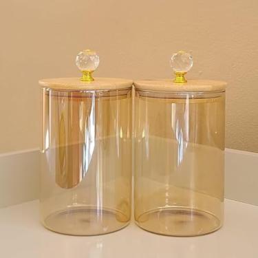 Imagem de Conjunto de 2 Potes de Vidro Âmbar, Tampa de Bambu, Cristal Liso, 950ml, para Armazenamento de Alimentos