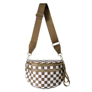 Imagem de Jooniter Bolsa tiracolo de nylon quadriculada preta e branca transversal espaçosa, bolsa feminina espaçosa, Xadrez caramelo