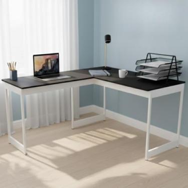 Imagem de Mesa em L Industrial Reversível | Escrivaninha de Canto para Home Office | 2 Lados de Montagem e 50kg de Carga(Preto Pés Brancos)