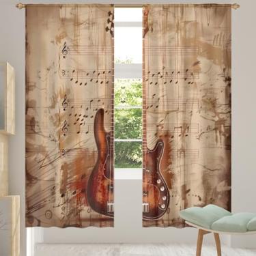 Imagem de 2 conjuntos de painéis de notas de guitarra música retrô cortinas transparentes arejadas com filtro leve painéis de cortina leve cortina de porta janela para sala de estar, quarto, jantar, 192 cm de