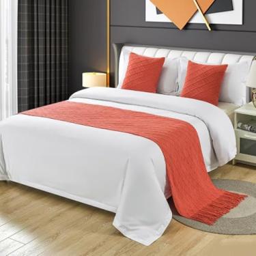 Imagem de Cachecol de cama de cor sólida com borla, caminho de sofá de tecido decorativo, costura resistente, resistente ao desbotamento, antiderrapante, perfeito para estilo de quarto de hóspedes - laranja||60