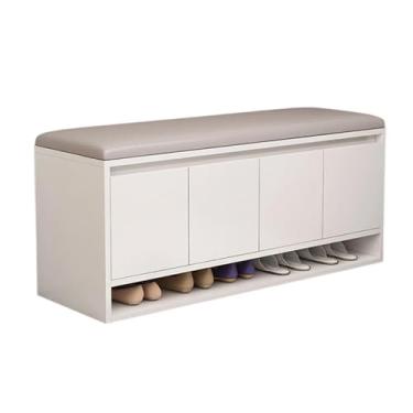 Imagem de Yadlan Banco com armazenamento de sapatos - Banco de armazenamento de entrada com sapateira acolchoada de três níveis com prateleiras ajustáveis para corredor, sala de estar e quarto bege