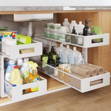 Imagem de 2 pacotes de organizador sob a pia de 53 cm de profundidade, organizador de armário de 2 camadas com trilho circular liso, gavetas deslizantes de malha metálica de grande capacidade para armazenamento