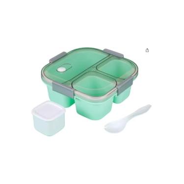 Imagem de Kit Marmiteira com 3 Compartimentos e Talher, 1200ml, Material PS PP Borracha de Silicone, 19.5x19.5x6cm, Livre de BPA, Cores Sortidas