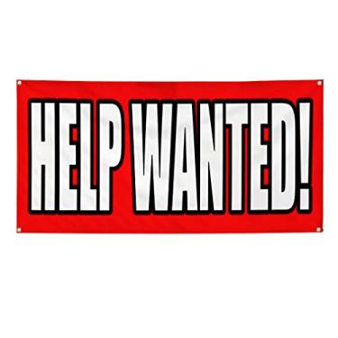 Imagem de Banner de vinil vários tamanhos Help Wanted Contorno vermelho negócios ao ar livre à prova de intempéries placas de quintal industrial vermelho 4 ilhós 61 x 122 cm