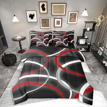Imagem de Erosebridal Conjunto de cama solteiro com círculo vermelho, geométrico, preto, cinza, 7 peças, arte moderna, abstrata, espirais estéticos, listras, para meninas, mulheres e adultos