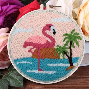 Imagem de Kit de bordado fácil DIY com agulha de perfuração, tapete para iniciantes com padrão de cores estampadas com instruções, fio e bordado com cabo de madeira, caneta agulha, argola (flamingo na água)