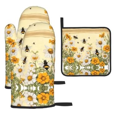 Imagem de Flores de abelhas rurais – Conjunto de cozinha essencial com 3 peças, luvas resistentes ao calor e aderência da tampa, proteção para churrasco no forno, design de armazenamento suspenso.