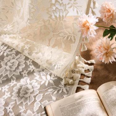Imagem de Cortinas de renda boho bege 213 cm de comprimento, com borla, floral, bolso para varão, filtro de luz, vintage, vintage, vibração, boêmia tricotada para sala de estar, casa de campo, fazenda, 2