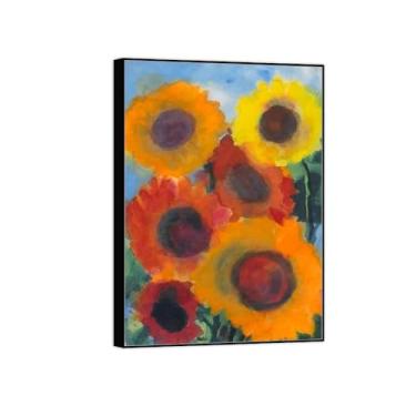 Imagem de BMZFYBS Pintura de arte de parede de flores - imagem de decoração vintage - girassóis vermelhos e amarelos - impressões em tela de moldura preta para sala de estar 70 x 100 cm 27 x 39 pol