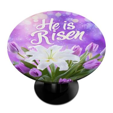 Imagem de Toalha de mesa redonda ajustada com elástico, Easter He Is Risen, impermeável, à prova de óleo, toalha de mesa redonda para piquenique ao ar livre, lavável, reutilizável, decoração interna, capa de