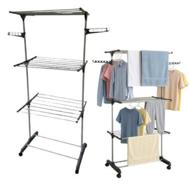 Imagem de Varal Portátil 3 Andares com Rodízios e Cabideiro - GLOBALMIX