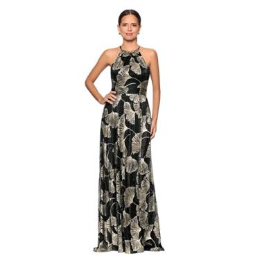 Imagem de Betsy & Adam Vestido feminino metálico frente única estampado evasê comprimento até o chão, Preto/dourado, 48