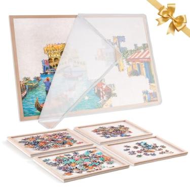 Imagem de Quadro de quebra-cabeça com 4 bandejas de classificação, superfície de jogo de 1000 peças com capa protetora, placa de exibição de feltro de 80 cm x 61 cm