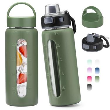 Imagem de Kodrine Garrafa de água de vidro de 590 ml com canudo - 2 tampas - xícara de café gelada com manga de silicone e marcador de tempo, garrafa de vidro reutilizável para casa, escritório, ao ar livre