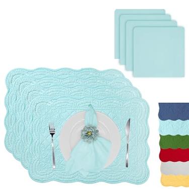 Imagem de ART Pinecone Jogo americano de algodão acolchoado com guardanapos de algodão brancos combinando, conjunto de 6 tapetes de mesa e 6 guardanapos de pano, conjunto de linho de mesa branco sólido para