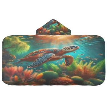Imagem de Burbuja Toalha de banho com capuz de tartaruga marinha para crianças, toalha de praia de pelúcia macia absorvente para meninas e meninos 3-10 anos, 61 x 127 cm