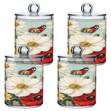 Imagem de STAYTOP 4 peças lindas flores silvestres dispensador Qtip boticário frascos banheiro com etiquetas – recipiente de armazenamento Qtip recipiente de plástico transparente acrílico para bola de algodão