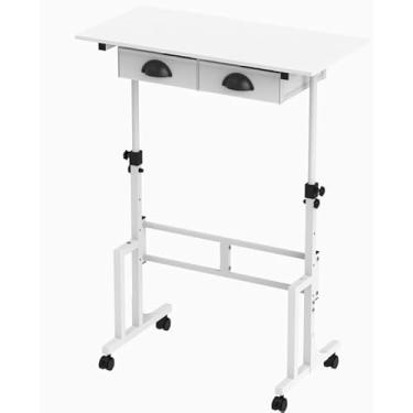 Imagem de Mesa de pé ajustável em altura com 2 gavetas, mesa de pé pequena com rodas, mesa portátil com rodinhas para passadeira, escritório de computador, ajustável de 80 a 110 cm, branca, estábulo atualizado