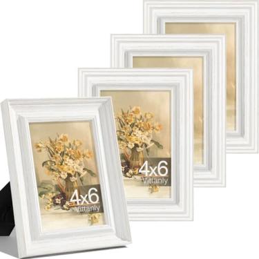 Imagem de Vittanly Conjunto de 4 porta-retratos 10 x 15 cm, moldura vintage para parede ou mesa, exibição de fotos de 9 x 12 cm com tapete ou 10 x 15 cm sem tapete, decoração de casa de fazenda rústica, branco
