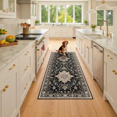 Imagem de RELEANY Tapetes de área adequados a vácuo, 6 x 15 cm, lavável na máquina, antiderrapante, estampa floral, vintage, estampa de angústia, tapete medalhão para sala de estar, quarto, tijolo, preto