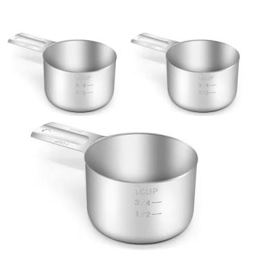Imagem de Pacote com 3 1 xícara (240 ml | 227 g) Copo medidor de aço inoxidável copos medidores de metal com alça Utensílios de cozinha Copo medidor de arroz para ingredientes úmidos e secos