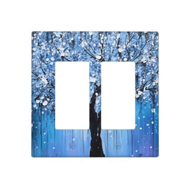 Imagem de Indokyeyqaz Placa decorativa de parede para interruptor de luz Blue Tree duplo, 2 placas de interruptor e tampas de tomada 11,7 x 11,4 cm para quarto, banheiro, cozinha, decoração de casa