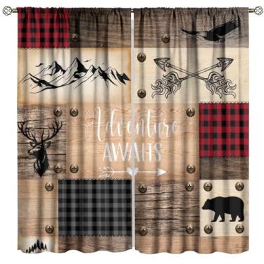 Imagem de Fblifil Cortinas de madeira rústica, vintage, animal, cabana de fazenda, urso, cervo, country, retrô, café, búfalo, xadrez, varão, bolso, cortinas, para sala de estar, cozinha, quarto, decoração 106,7