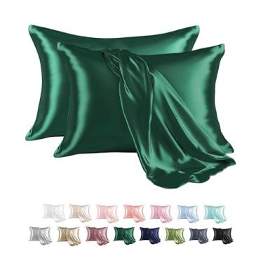 Imagem de MR&HM Fronha de cetim para cabelo e pele, fronha de cetim de seda, pacote com 2, fronhas tamanho infantil, conjunto de 2, capa de almofada sedosa com fecho de envelope (13 x 18, verde escuro)