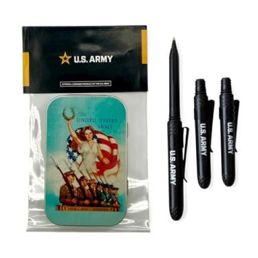 Imagem de Pokka Canetas de lata colecionáveis oficialmente licenciadas do Exército dos EUA – Feitas nos EUA – Canetas de 3 bolsos com clipes – Conjunto de presente militar vintage para veteranos, fãs de